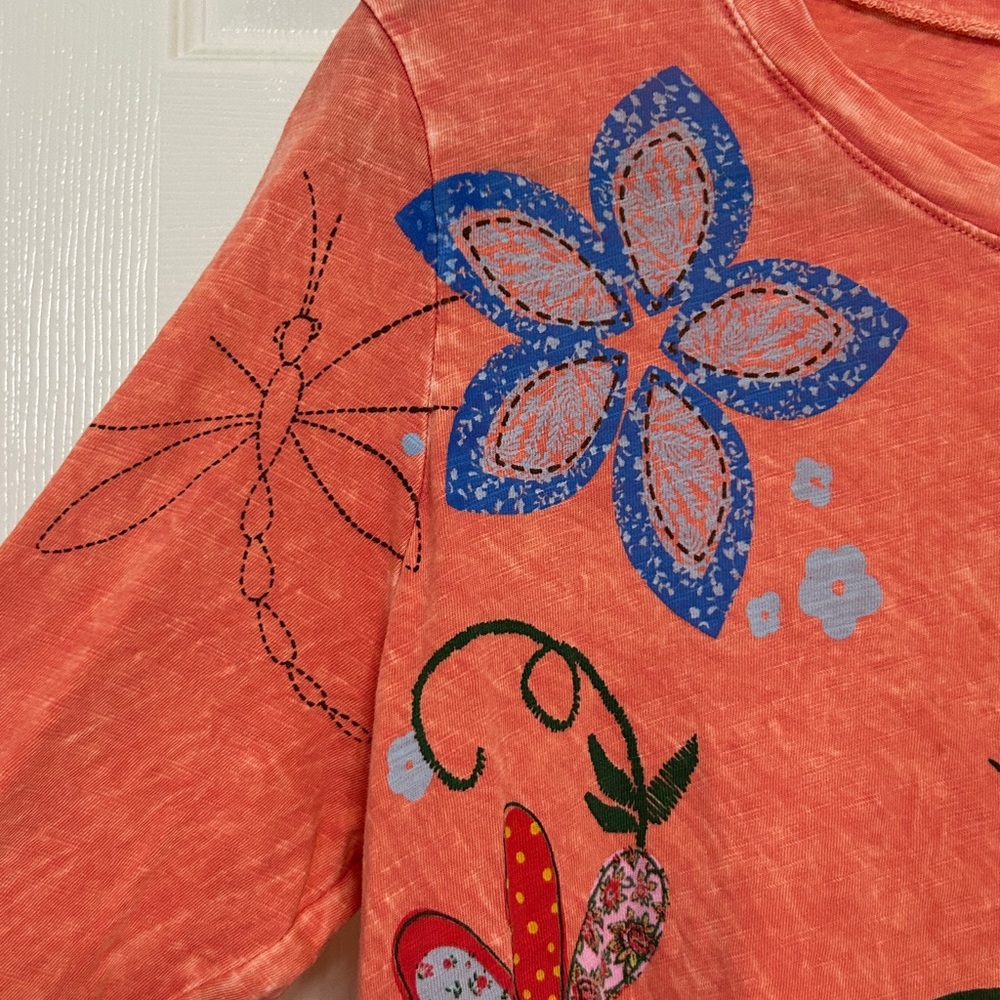 Jess & Jane Cotton Peach Dragonfly Tunic Florals Spring Summer Natural Fiber M - Picture 4 of 12
